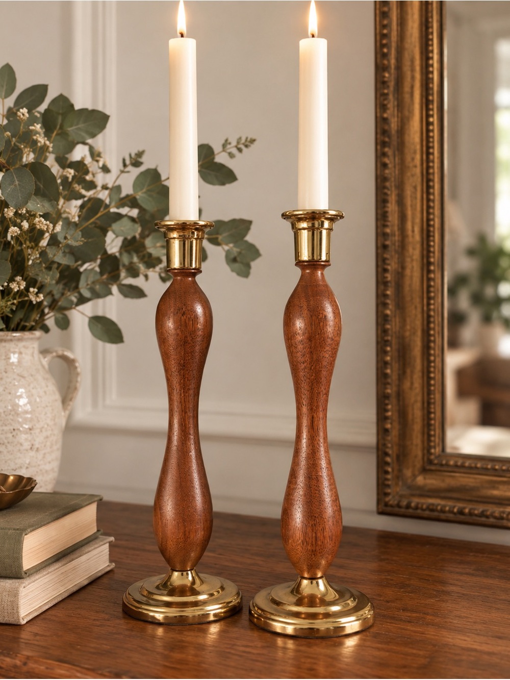 Wood and brass Candlestick Pair - Brown Wood Finish